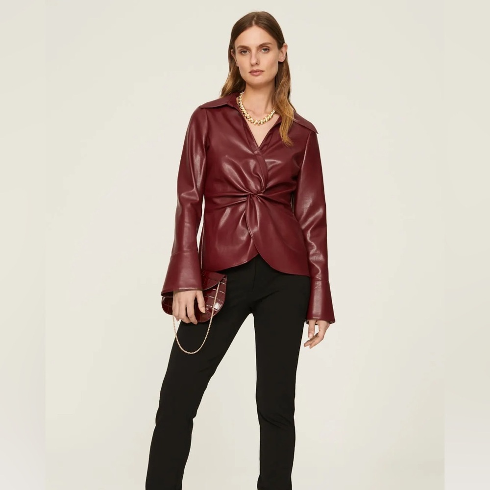 Cinq à Sept Mckenna Twist Front Faux Leather Top in Burgundy - Picture 2 of 6